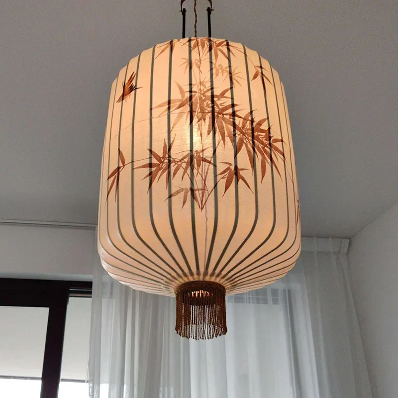 Medieval Zen Retro Fabric LED Pendant Lamp Living Room Restaurant Bedroom Homestay Art Lantern Chandelier Indoor Decor Lighting