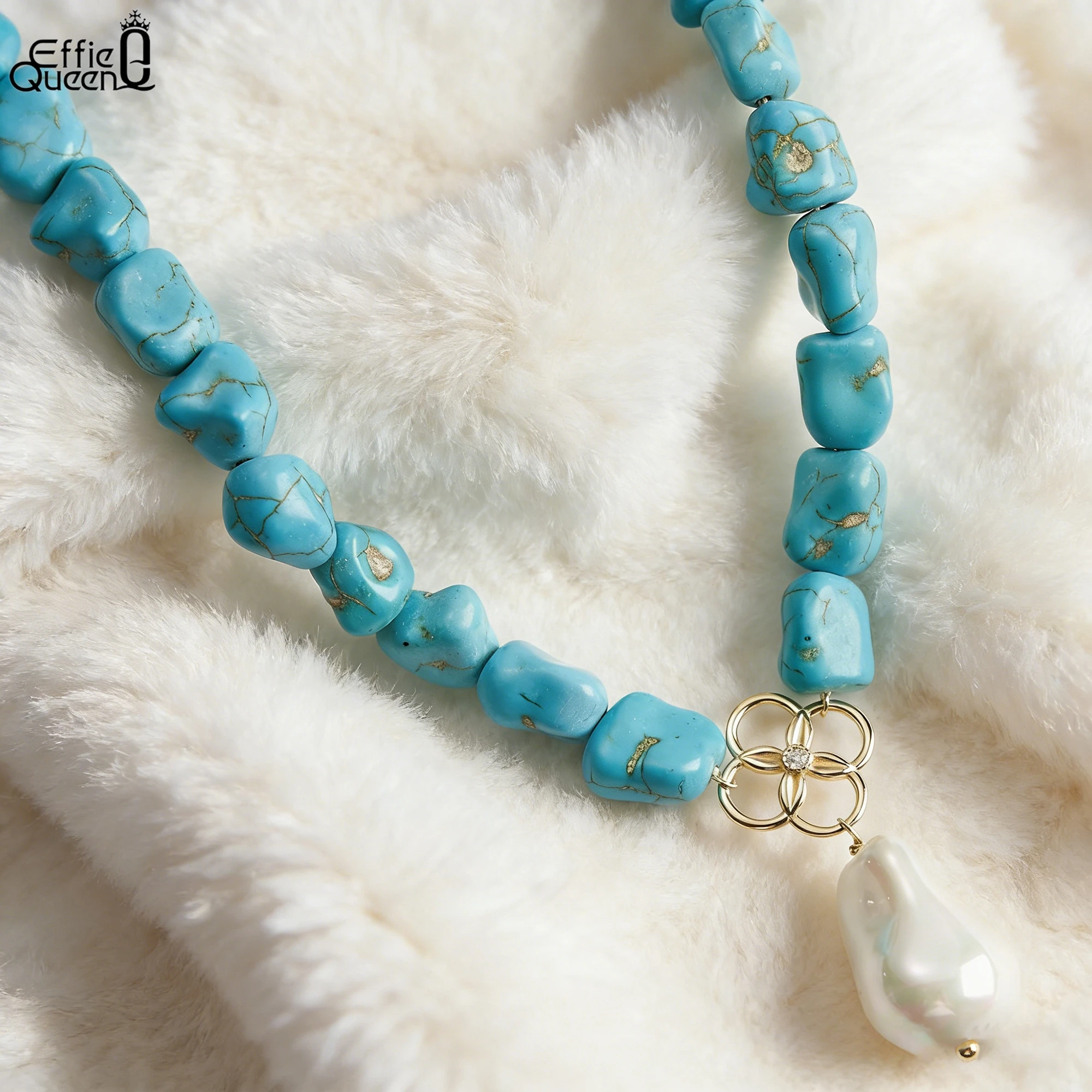 

EFFIE QUEEN 925 Pure Silver 14k Gold Irregular Shaped Turquoise Plus Pearl Chain Choker Necklace Natural Jewelry for Women GMN48