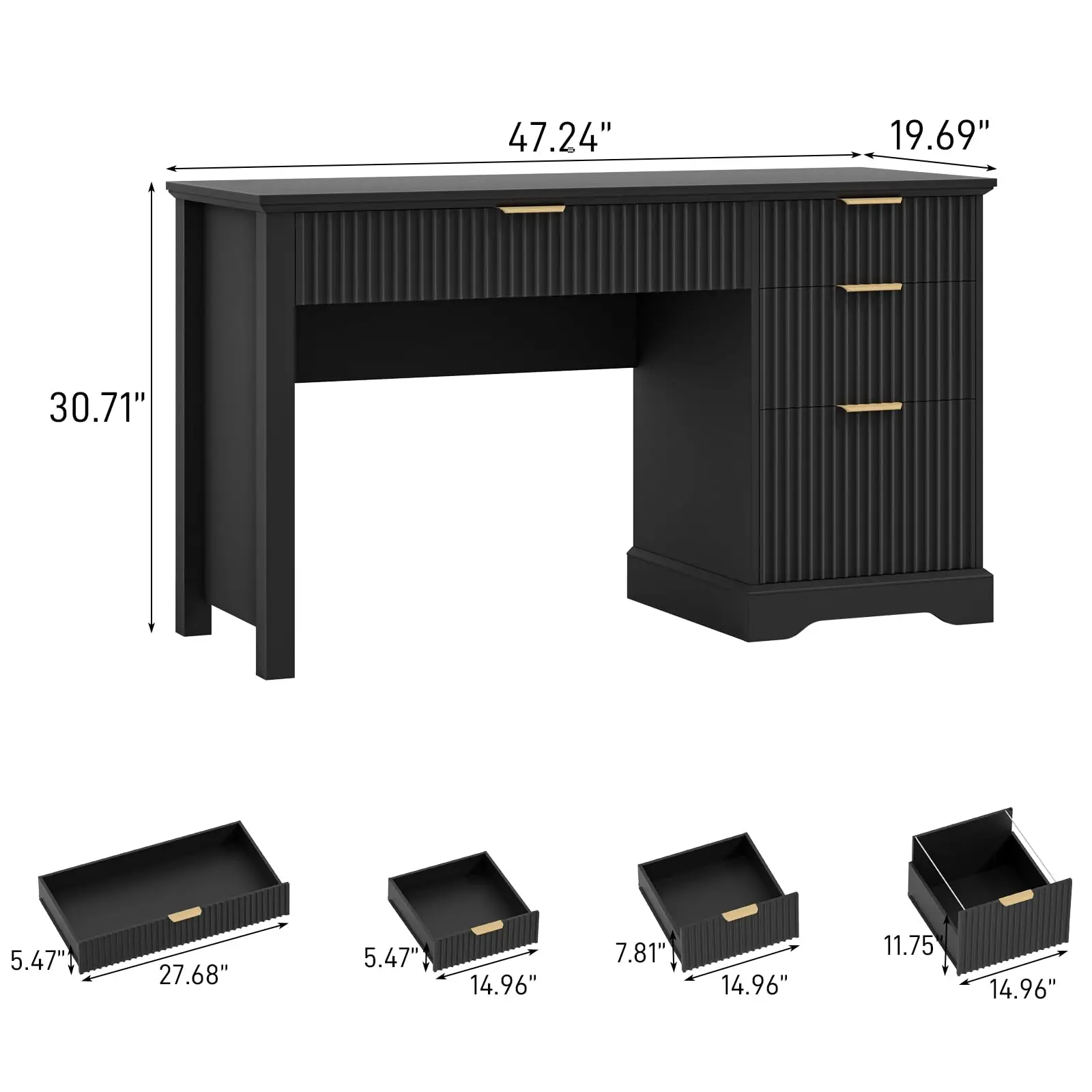 Fluted Executive Desk with Drawers, Wood Computer Desk with Ample File Drawer, Home Office Desk with Storage for Study