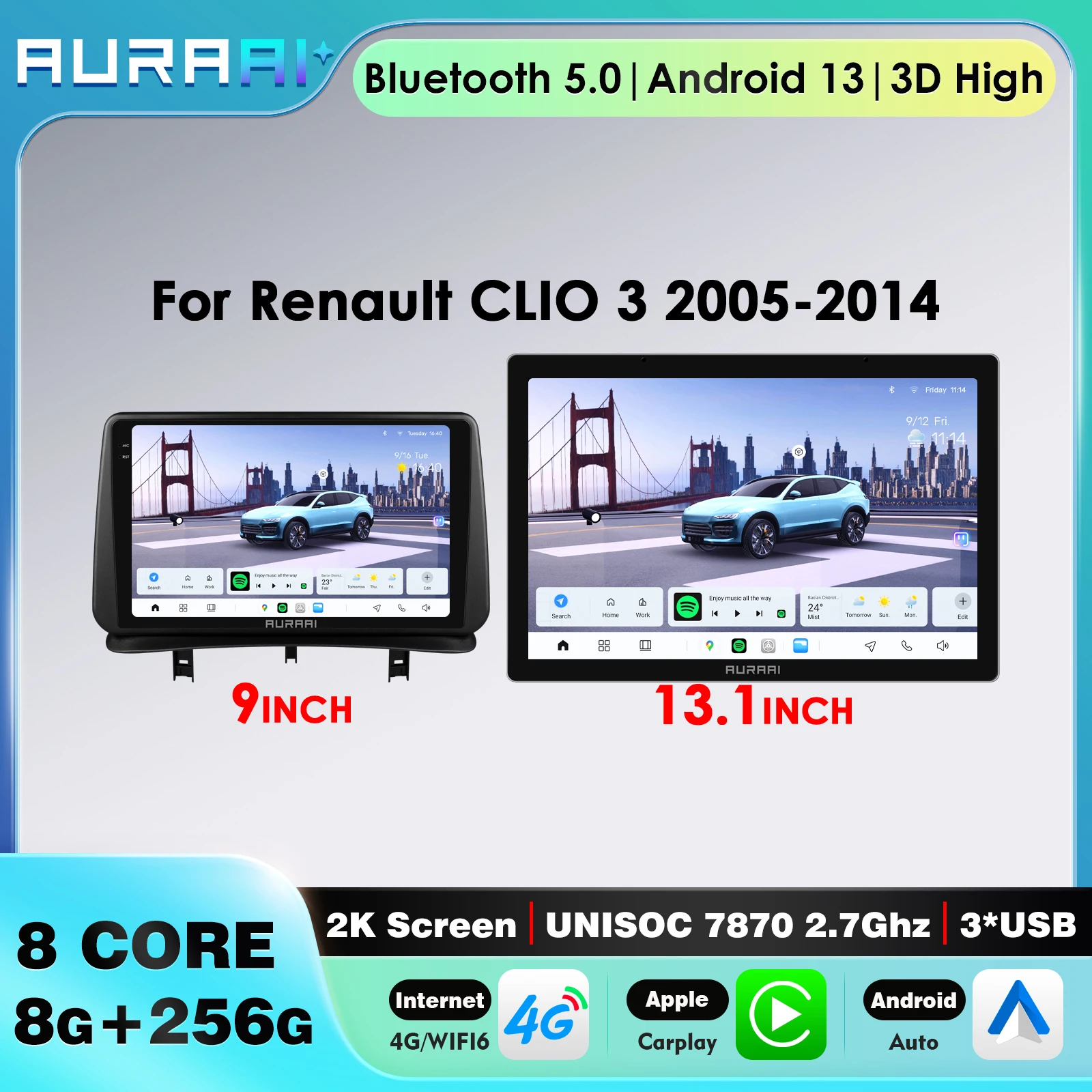 Octa Core Carplay Android Auto for Renault Clio 3 2005-2014 Car Smart Systems 2K Screen ADAS WiFi 4G Bluetooth Plug and Play