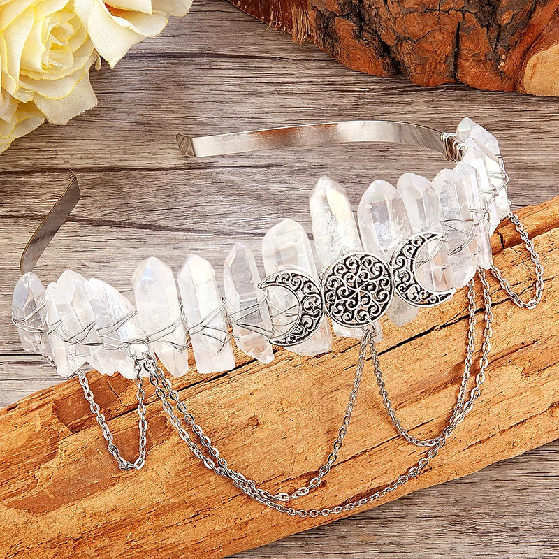 Natural Black Crystal Witch Crown Hair Accessories White Crystal Headwear Vintage Moon Headband Handmade Fashion Jewelry Gifts