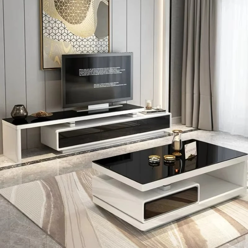 Light Luxury Modern Shiny White / Black TV Stand & Smart Coffee Table, TV Cabinet & Center Table For Living Room Home Furniture