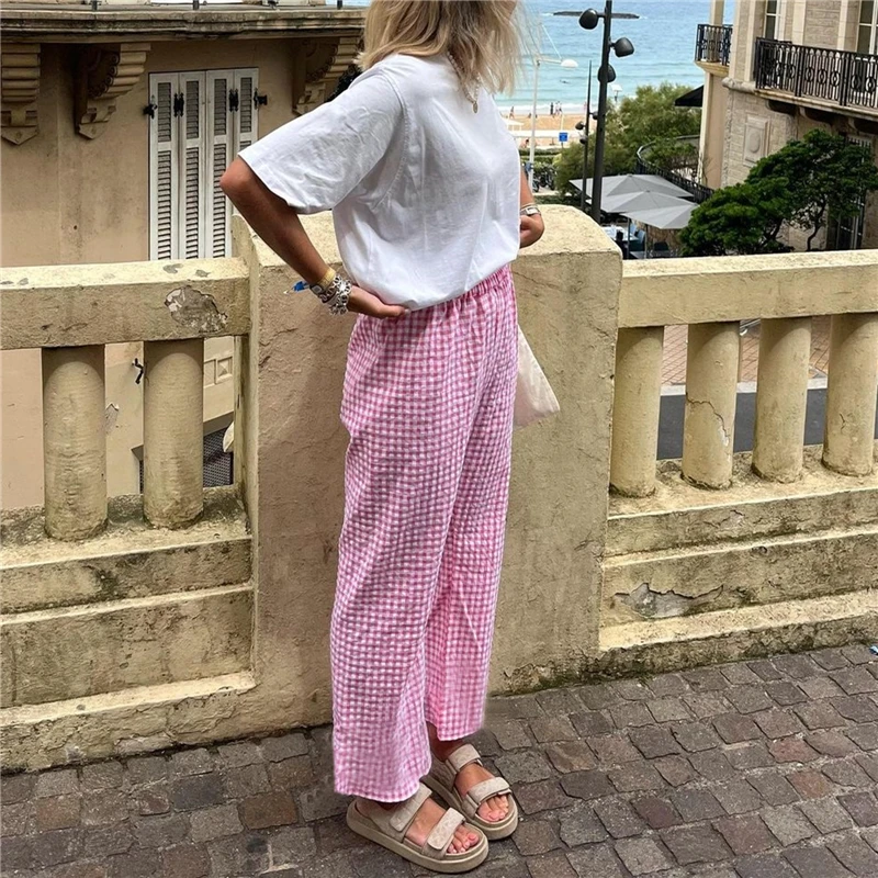 New Summer Plaid Print Long Pant Women Elastic Waist Drawstring Wide Leg Pants Fashion Casual Famale Straight Trousers