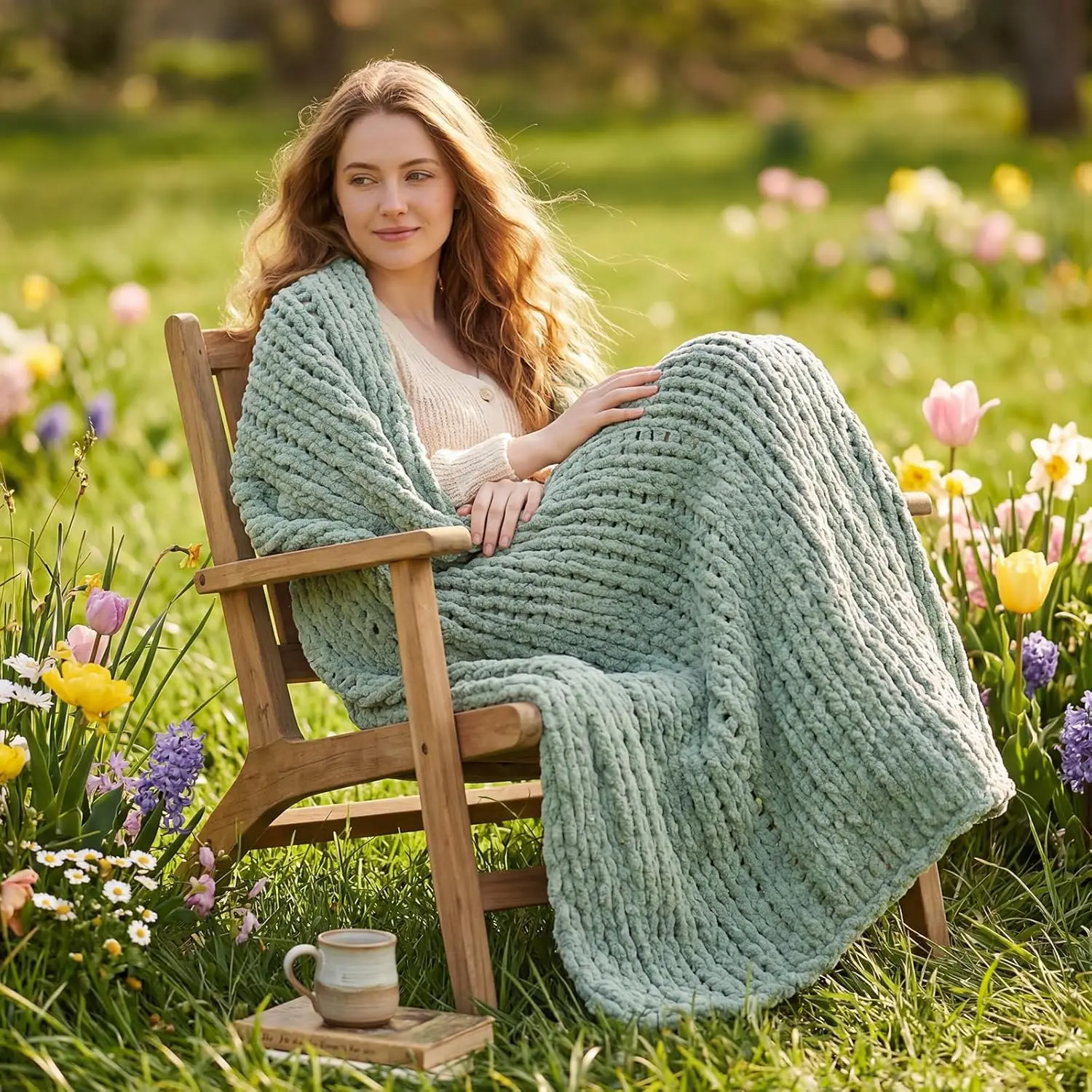 Chunky Knit Throw Blanket for Couch, Soft Chenille Handmade Crochet Rope Knot Blanket, 50"x60", Sage Green