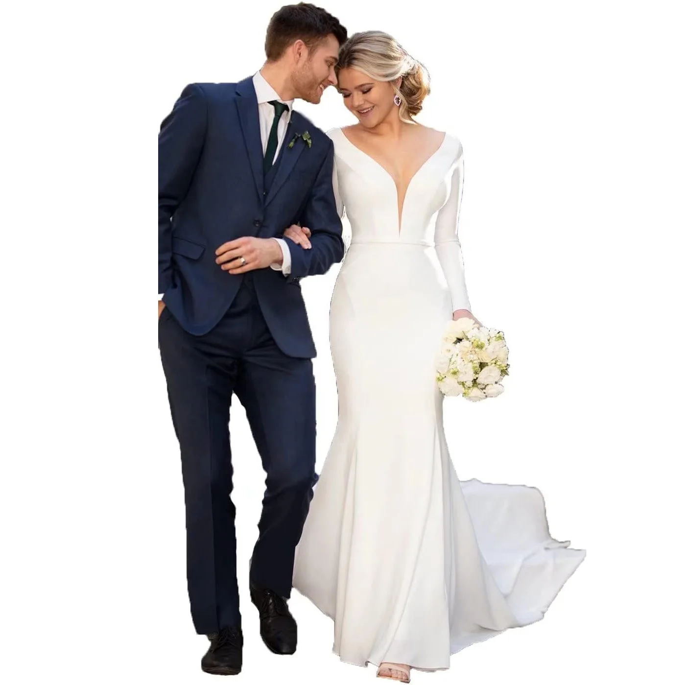 Abito da sposa di lusso con scollo a V in morbido raso Boho con strascico e abito da sposa a maniche lunghe a sirena dal design senza schienale personalizzato Nuovo