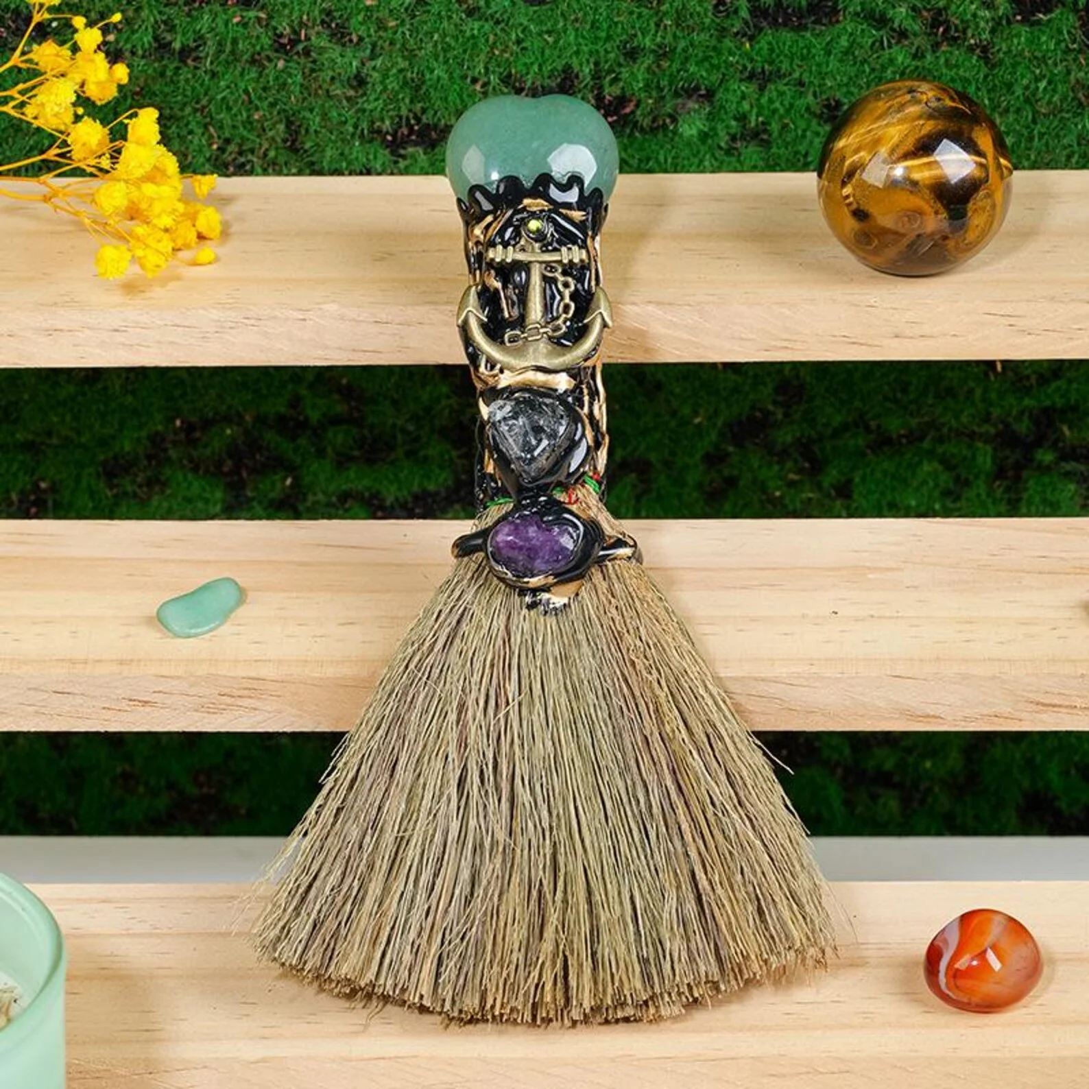 Mini Witch Broom with Crystal, Amethyst Rose Quartz Opalite, Witchy Altar Decor, Mystical Figurine, Gift