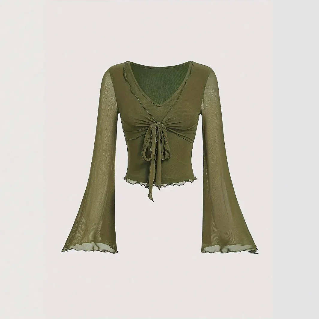 

Женская сетчатая футболка с длинными рукавами во французском стиле, облегающий базовый слой, топ с v-образным вырезом и длинными рукавами-колокольчиками на шнуровке