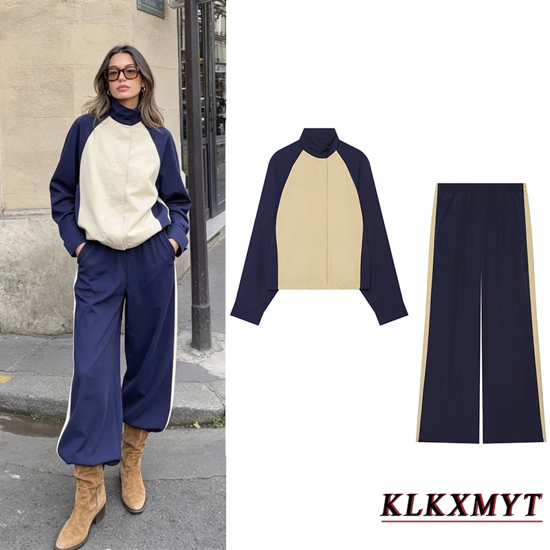 Women Fashion Color Blocking Sets Leisure Stand Collar Long Sleeve Button Jacket+Wide-Leg Pants Autumn Vacation New 2 Pieces