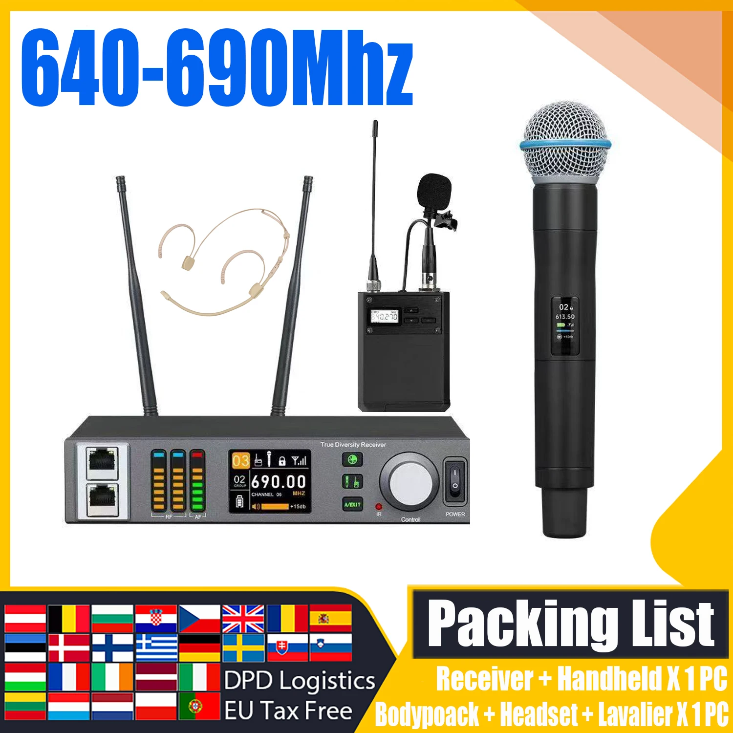 ADUZIC Pro-X1 X2 Drahtloses professionelles Mikrofone Bühnenmikrofon 500/600 MHz Handkopfbedeckung Schwanenhalsmikrofon mit Spektrum 200 m 3