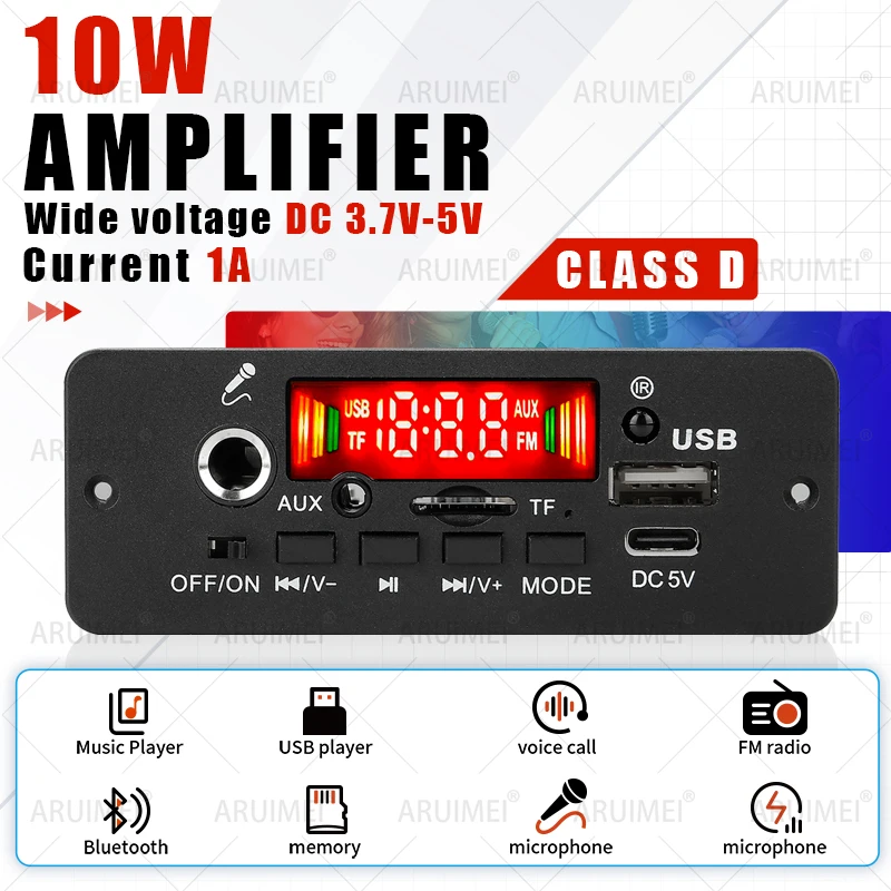 10W Amplifier Bluetooth DIY MP3 Decoder Board 5W DC 5V Music Player Car FM Radio Module TF USB Record Handsfree Call Microphone