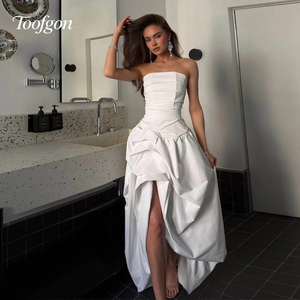 Toofgon Chic Strapless Prom Dresses Customized High Low Pleats Hand Flowers Formal Women's Occasion Gowns Birthday Party Dress