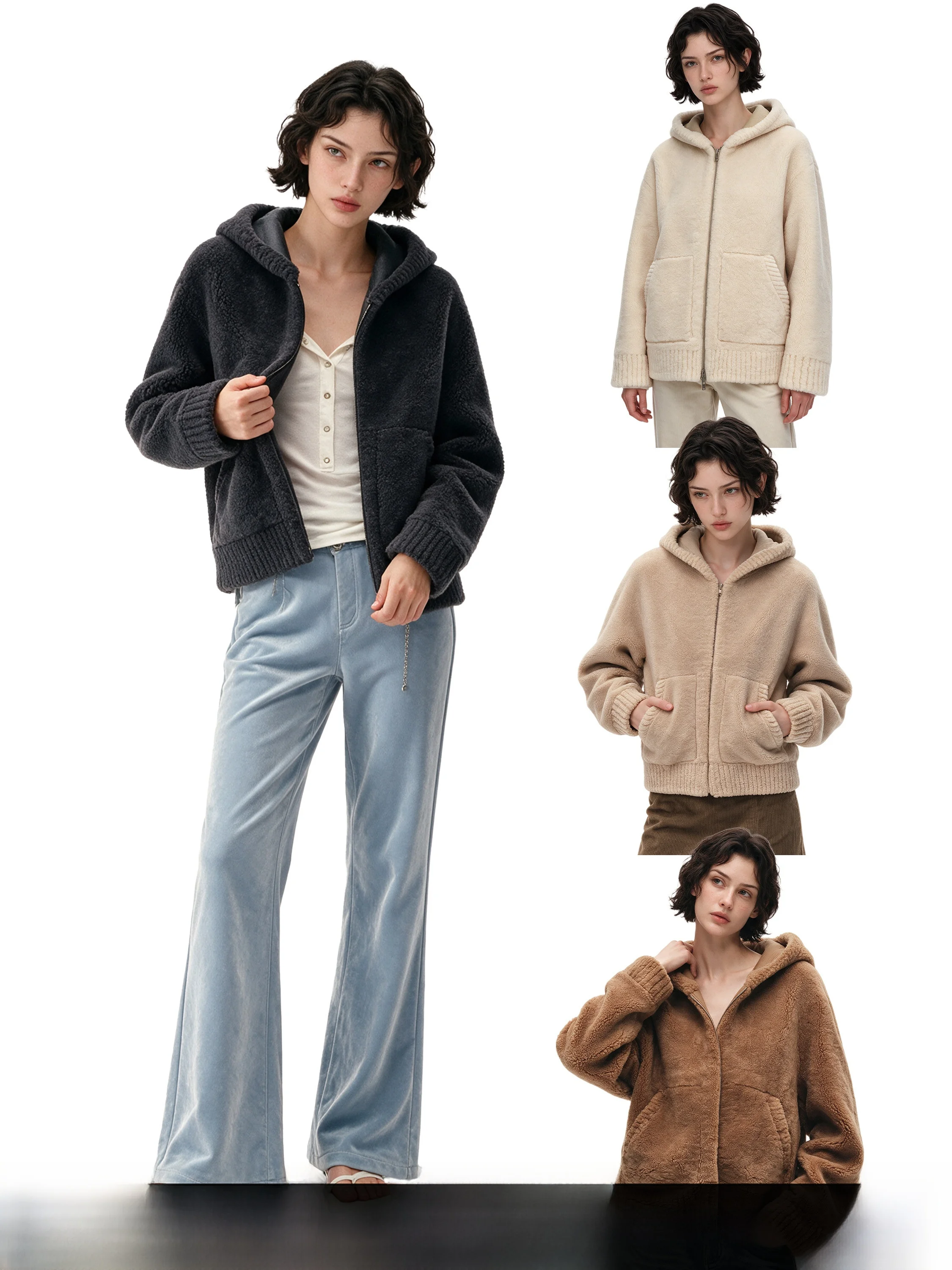 Eco-Friendly Lamb Fur Hooded Jacket Women's Winter Korean Style Plush Leather Coat Short Zipper Standard Fit GOGO BURN Brand
