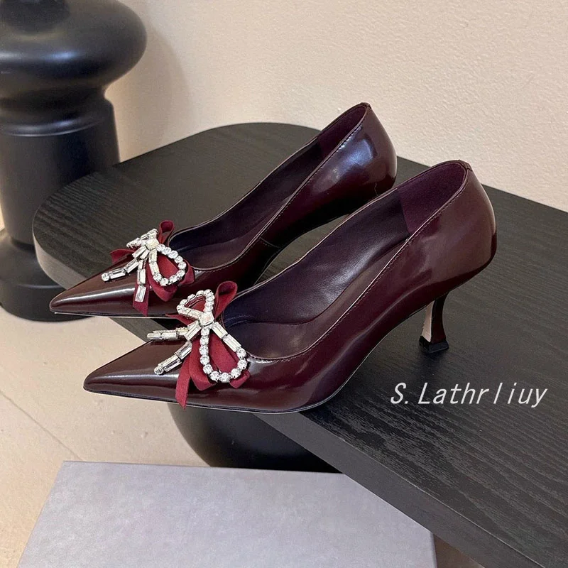 New Spring/Summer Genuine Leather Shallow Mouth Pointed Toe High Heels Women Shining Rhinestone Bow Elegant Office Single Shoes