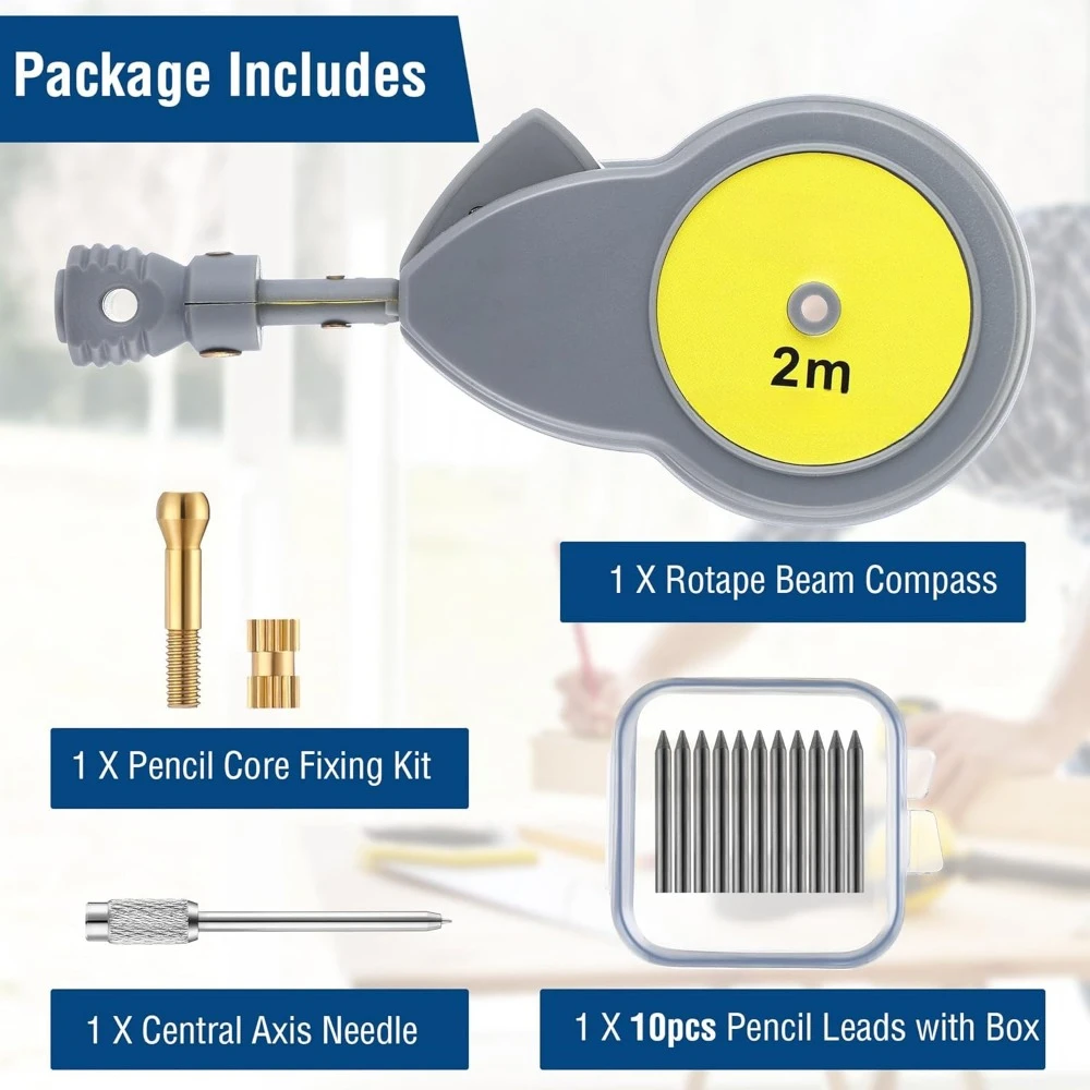 6.56피트 줄자 컴퍼스와 10개의 연필심을 사용하여 원과 선을 그리는 데 사용되는 빔 컴퍼스를 측정합니다.