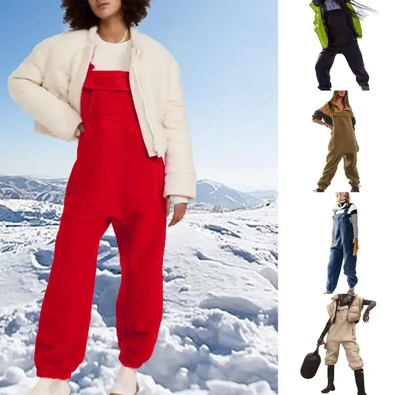 Fleece Warm Overalls Winter Sherpa Overalls Breathable Casual Sleeveless Bib Jumpsuits for Camping Mountain Climbing