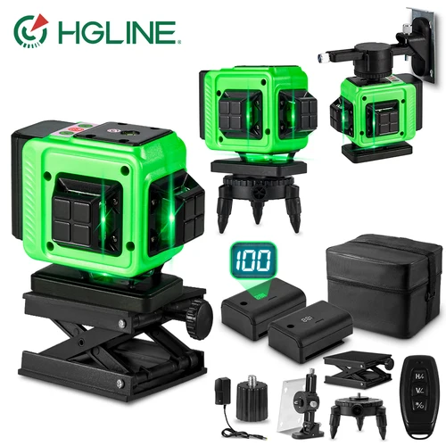 HGLINE 초강력 레이저 레벨 그린 라인, 리모컨 포함, 360 ° 수평 수직, 3D 레이저 레벨, 12 라인 