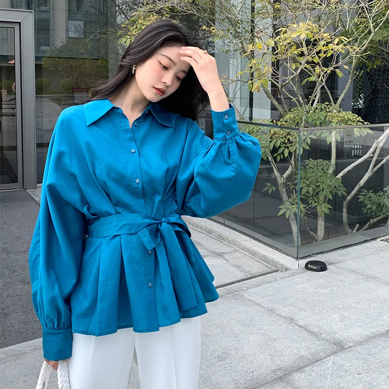 

Lace-up Shirt Women Blue Blouse 2023 Spring Belt Drop Shoulder Long Sleeves Daily Commuting Slim Top Casual White Shirts Blouses