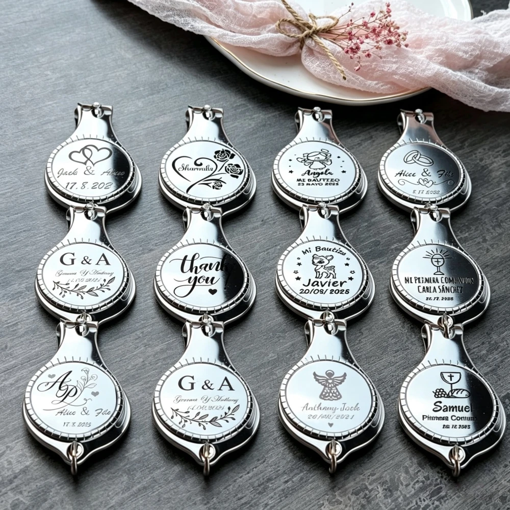 Abridor de cerveza multifuncional para boda, cumpleaños, bautismo, primera/comunión/aniversario, llavero, cortaúñas, regalo tallado personalizado