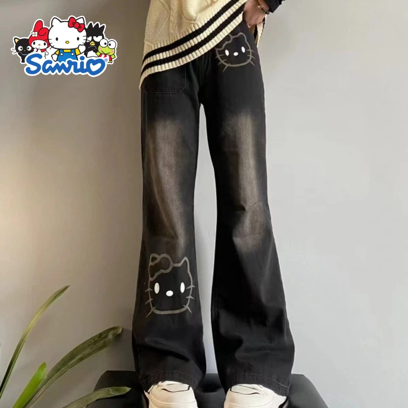 Sanrio Hello Kitty 2025 nouveaux enfants jean Kawaii filles automne taille haute noir jambe large pantalon droit vacances cadeaux d'anniversaire