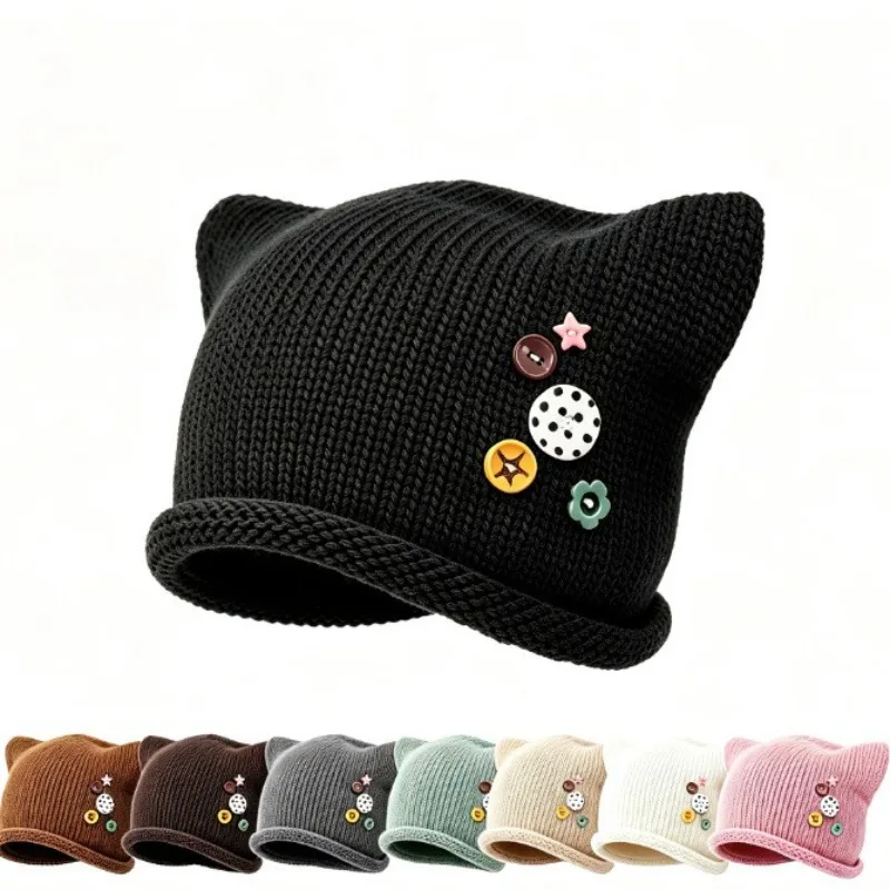 Y2K Cute Cat Ear Knit Beanies for Women Colorful Buttons Decor Winter Warm Slouchy Korean Style Street Fashion Casual Cold Hats