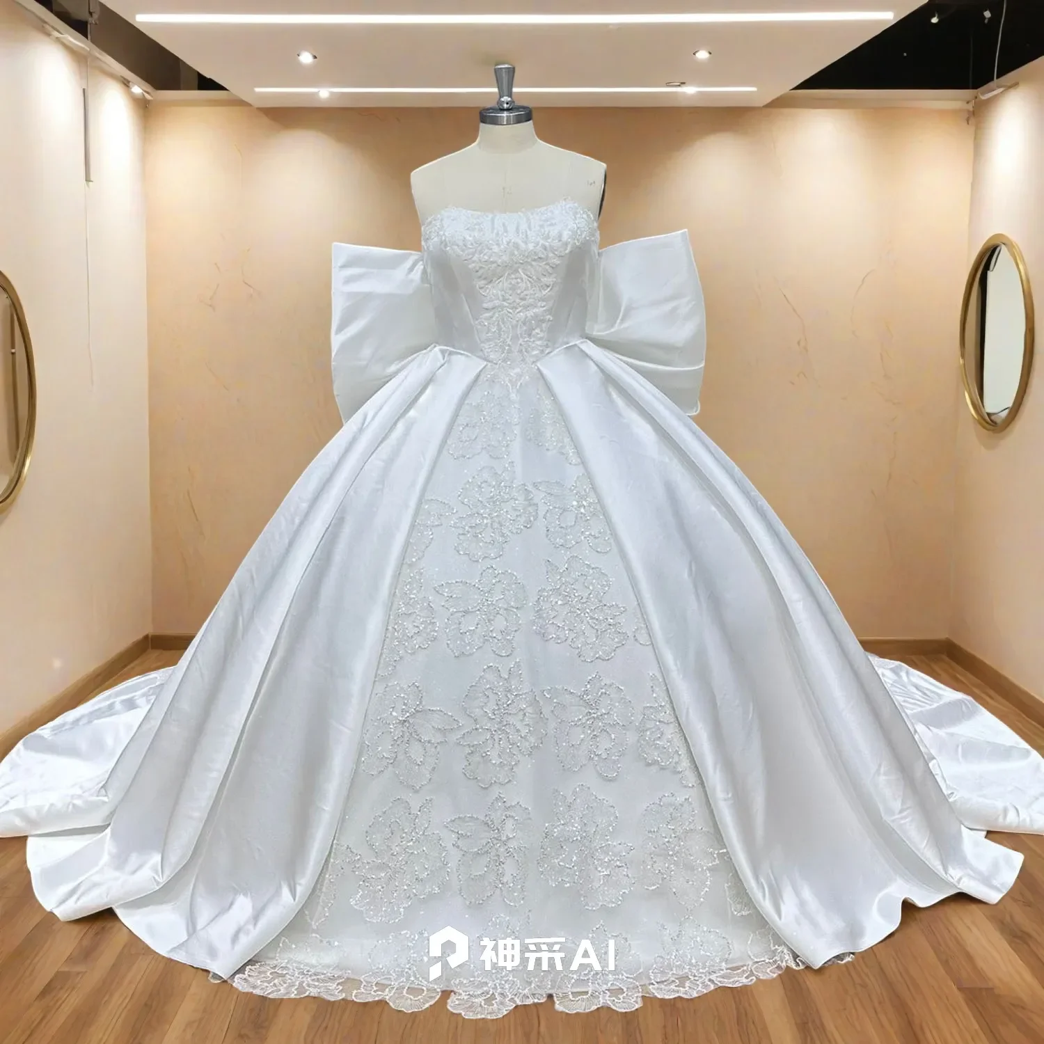

Hire Lnyer Strapless Neck Zipper Up Back Beads Appliques Shiny Lace Satin Ball Gown Wedding Dress With Big Detachable Bow