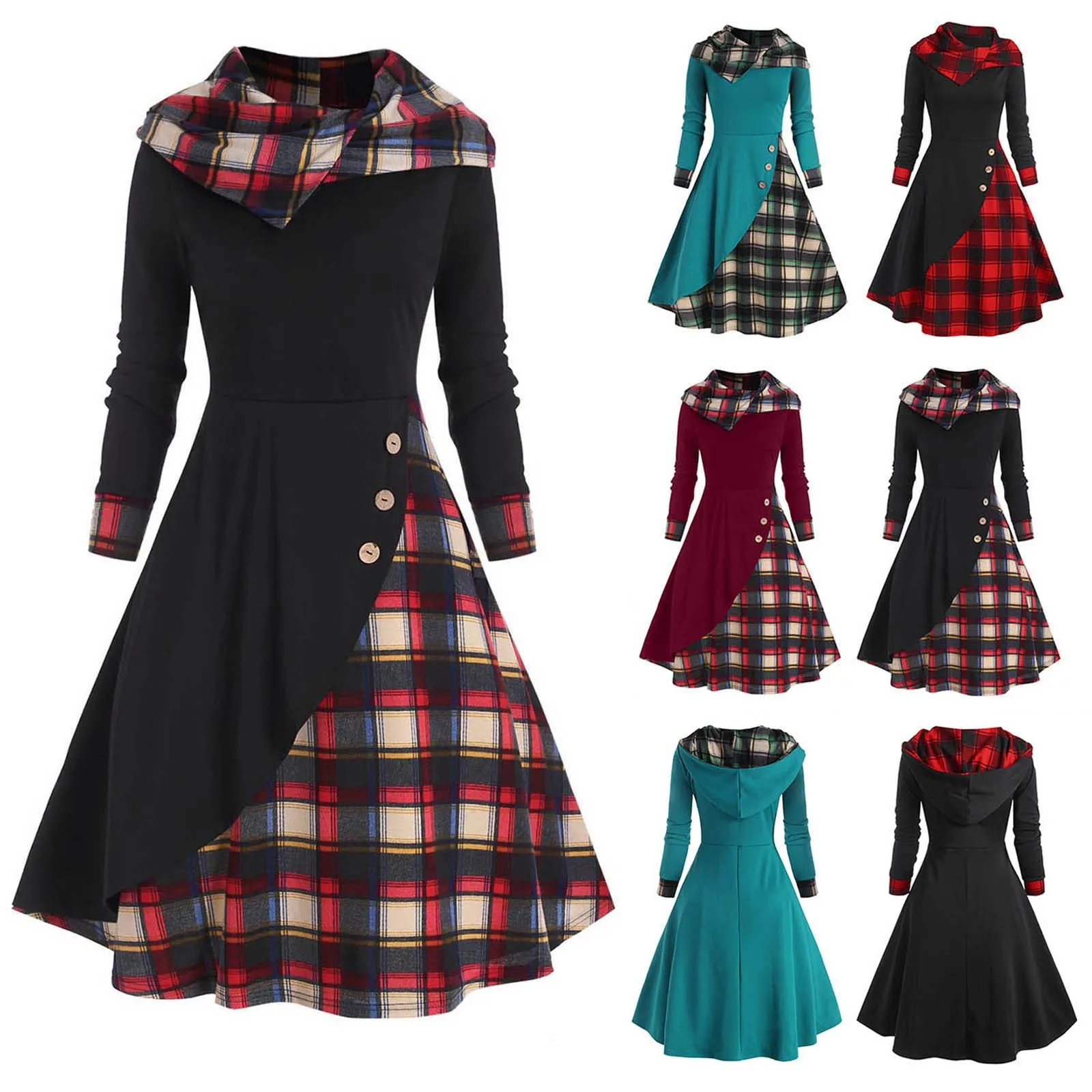 2024 Spring Fall Long Sleeve Plaid Dress Color Block Hoodie Casual Loose Pleated Dress Women Pullover High Waist Dress Elegant