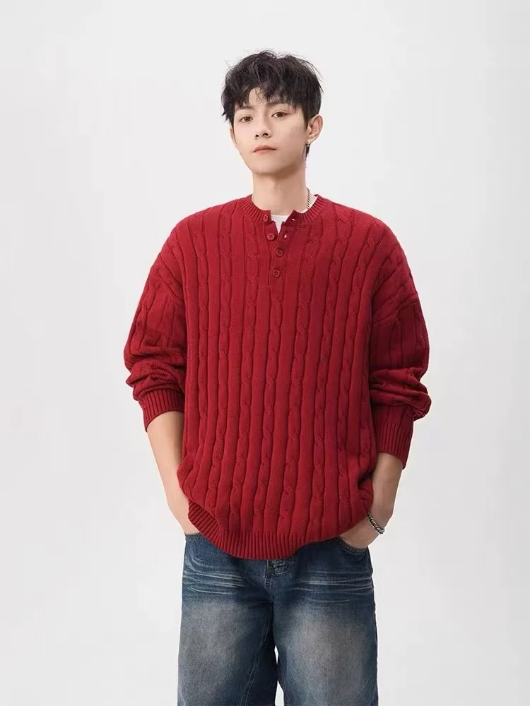 

Американский красный повседневный свитер с воротником хенли для мужчин и женщин, зимний трендовый вязаный пуловер из мягкого полиэфирного волокна