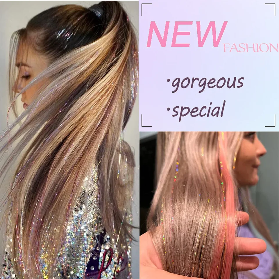 Tinsel para cabello (46 pulgadas, 5 piezas), extensiones para niñas y mujeres, hadas, holográfico sintético 5