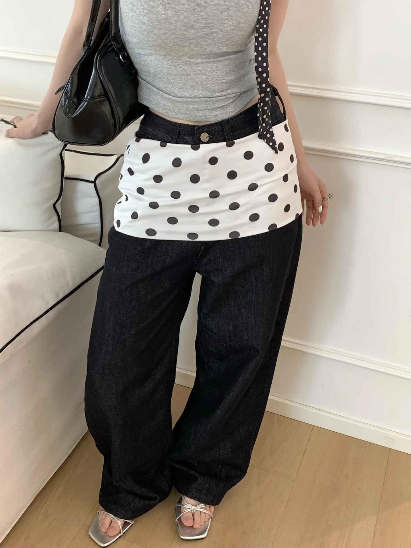 Retro American Polka Dot Half Skirt Women's High Sense Layering Denim Short Skirt Decorative Fashion Butt Covering  Skirt