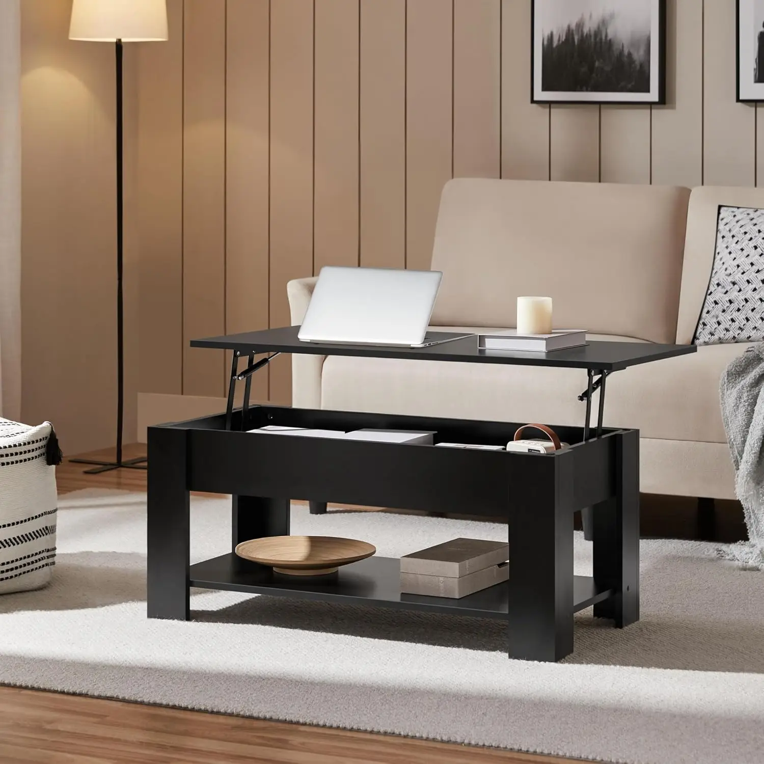 Wooden Coffee Table, Lift Top Coffee Table With Large Hidden Storage Shelf, Lift Tabletop Dining Tables For Living