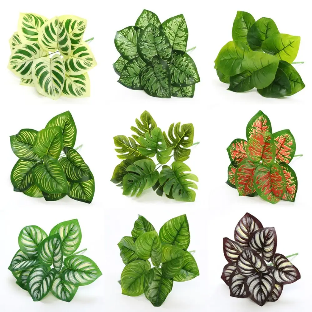 9 Leaves Artificial Green Plant Leaves Tropical Plant Plastic Silk Turtle Back Bamboo Leaves Begonia Leaf Plants Lifelike