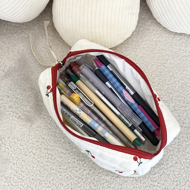 Women Cosmetic Bag White Cherry Embroidery Pattern Baby Diaper Bags New Korean Version Female Makeup Bags Storage Handbag