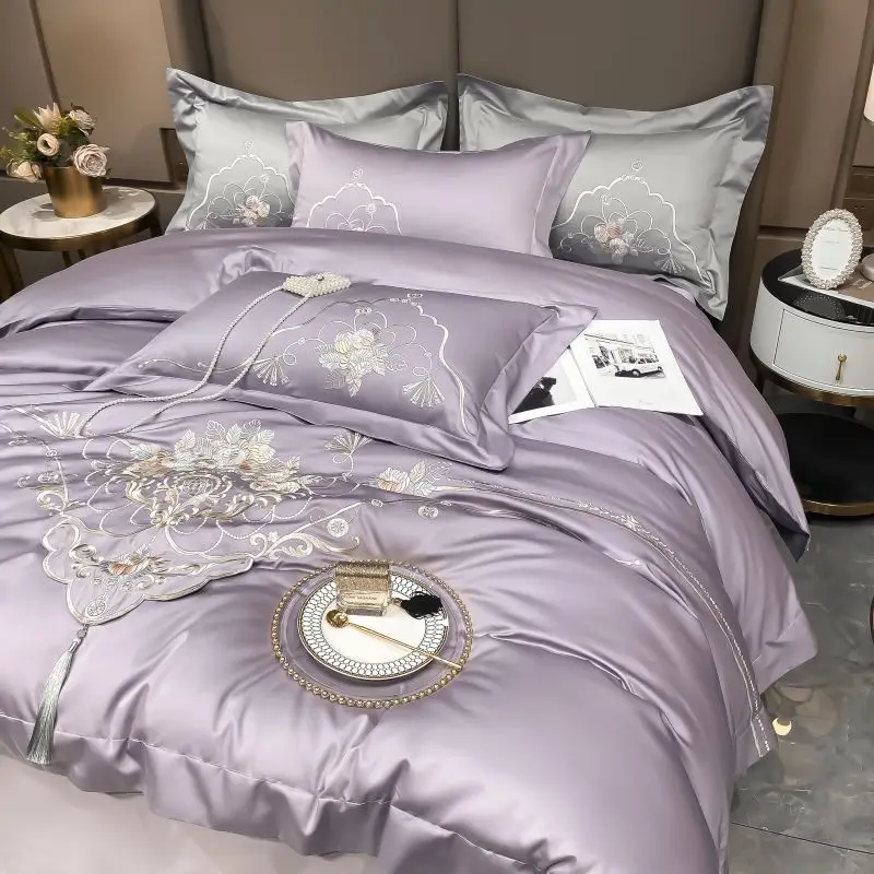 4Pcs Luxury Chinese Style Flowers Embroidery Bedding Set 1000TC Egyptian Cotton Quilt Cover Bed Sheets Fitted Sheet Pillowcases