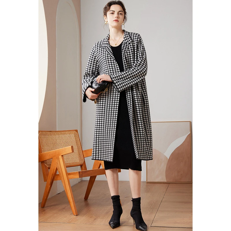 Thousand Bird Checker 100% Pure Cashmere Knitted Coat Cardigan Suit Collar Thickened Mid Length Coat Women's Autumn/Winter New