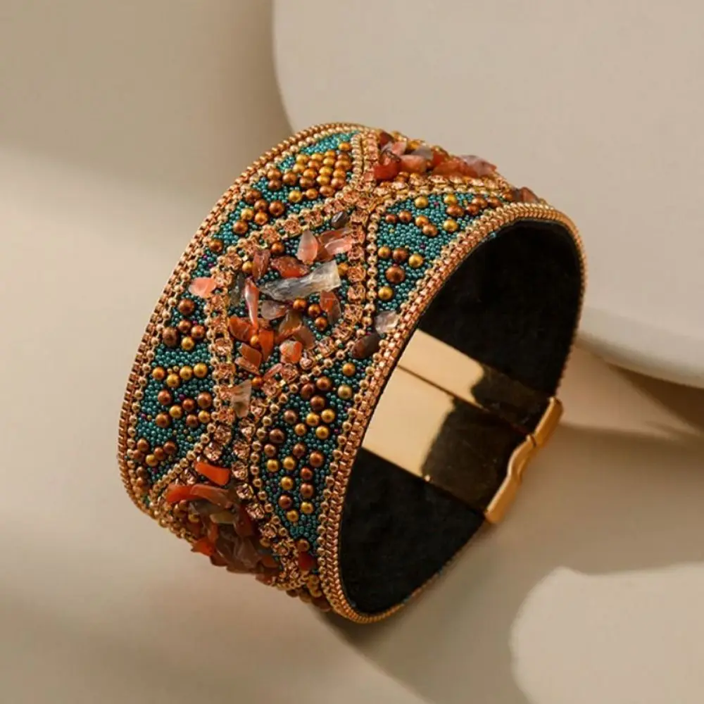 Ethnic Style Magnetic Clasp Bracelet Bohemian Stone Beads Rhinestone Women's Bracelet Flower Pattern Magnetic Closure