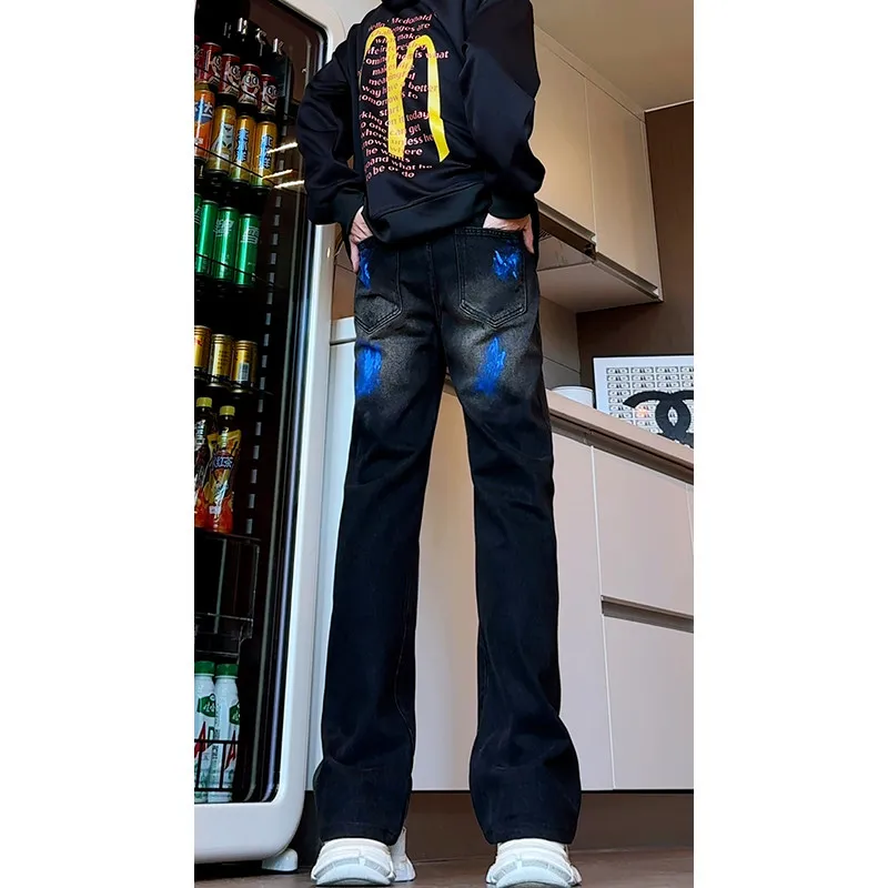 

Джинсы Bla adient Splatter, мужские свободные широкие брюки в американском стиле ретро Vibe High Street, узкие прямые брюки-трубы