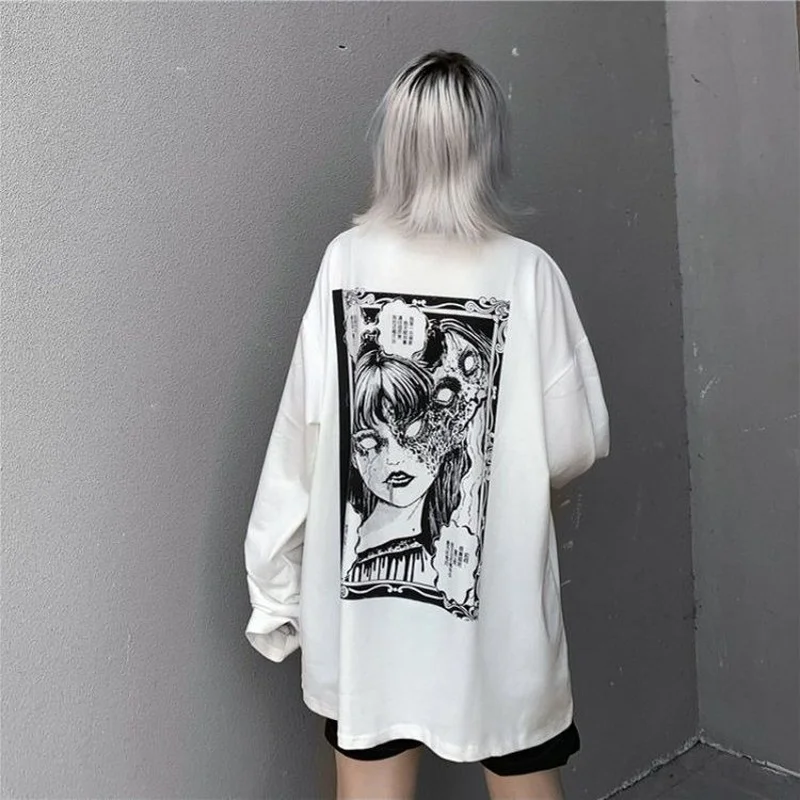 QWEEK Gothic Weiß T-shirt frauen Harajuku Langarm Mall Goth Top Vintage Grunge Alt Kleidung Ästhetische Kpop Koreanische 2021