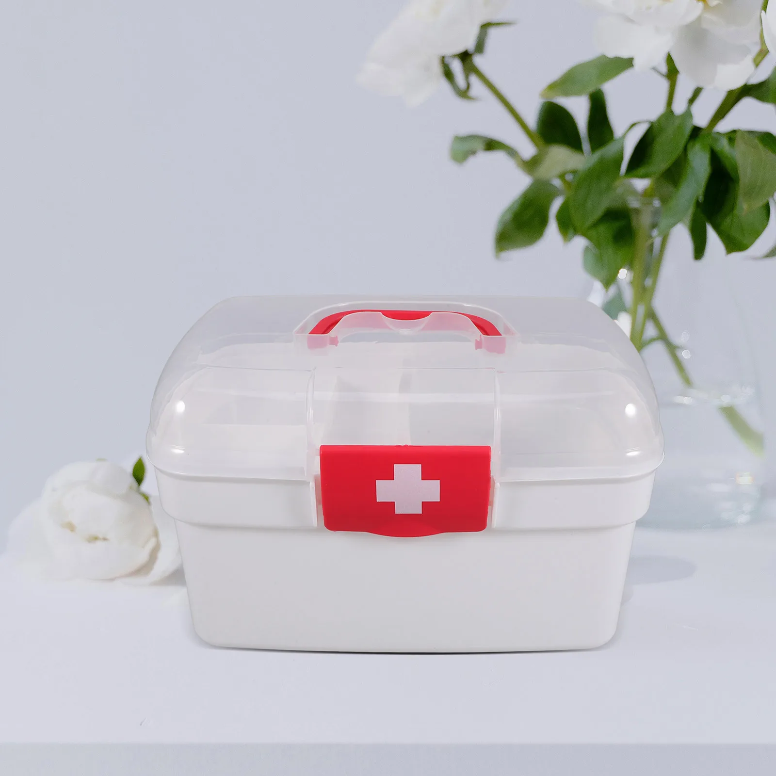 صندوق تخزين طبي منظم أدوية بلاستيكي محمول مع مقبض للمنزل والمكتب والسفر ومستلزمات الطوارئ بسعة كبيرة