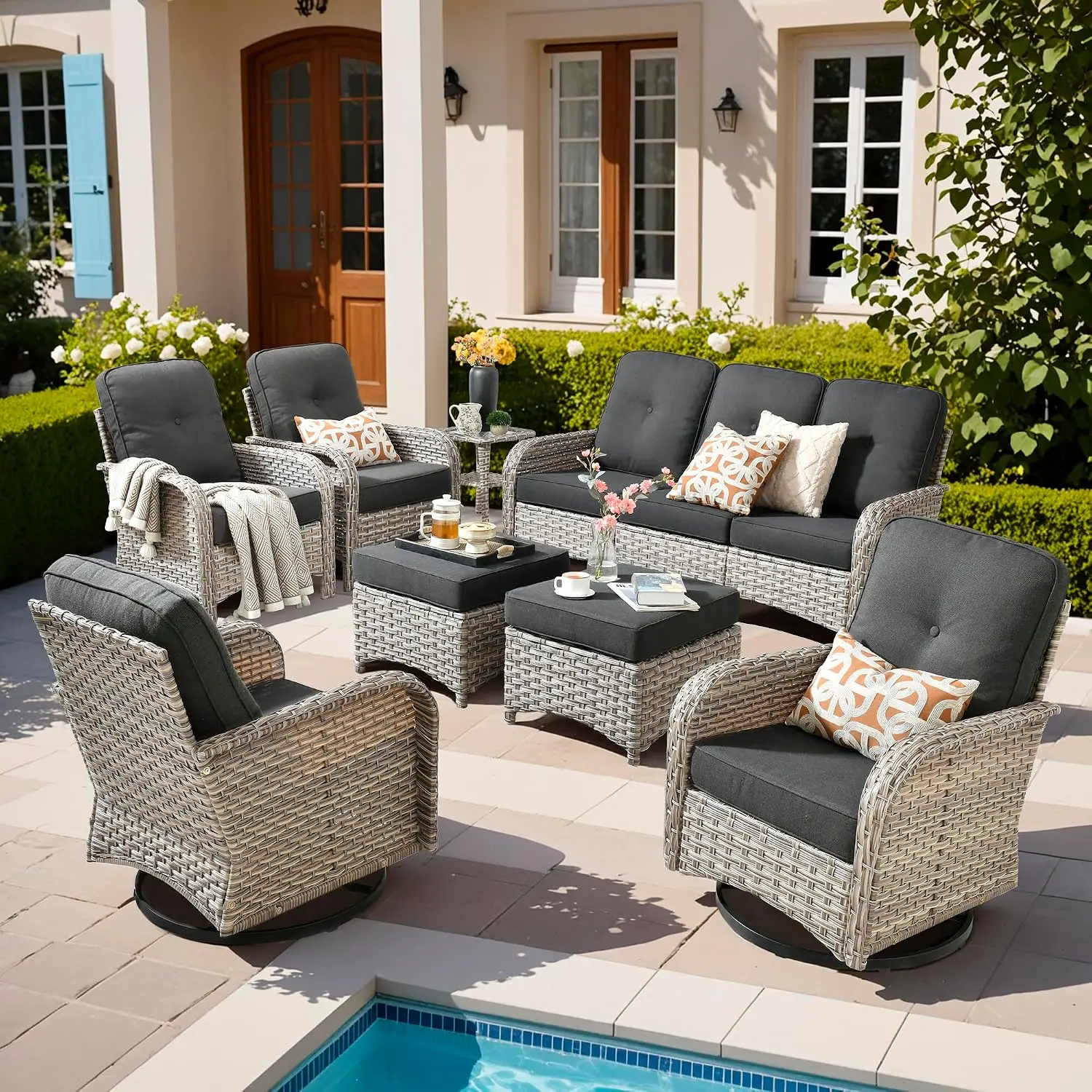 8 Pieces Outdoor Patio Set With Swivel Rocking Chairs & Ottoman,Porch Balcony Backyard Pool Garden Furniture, Customized