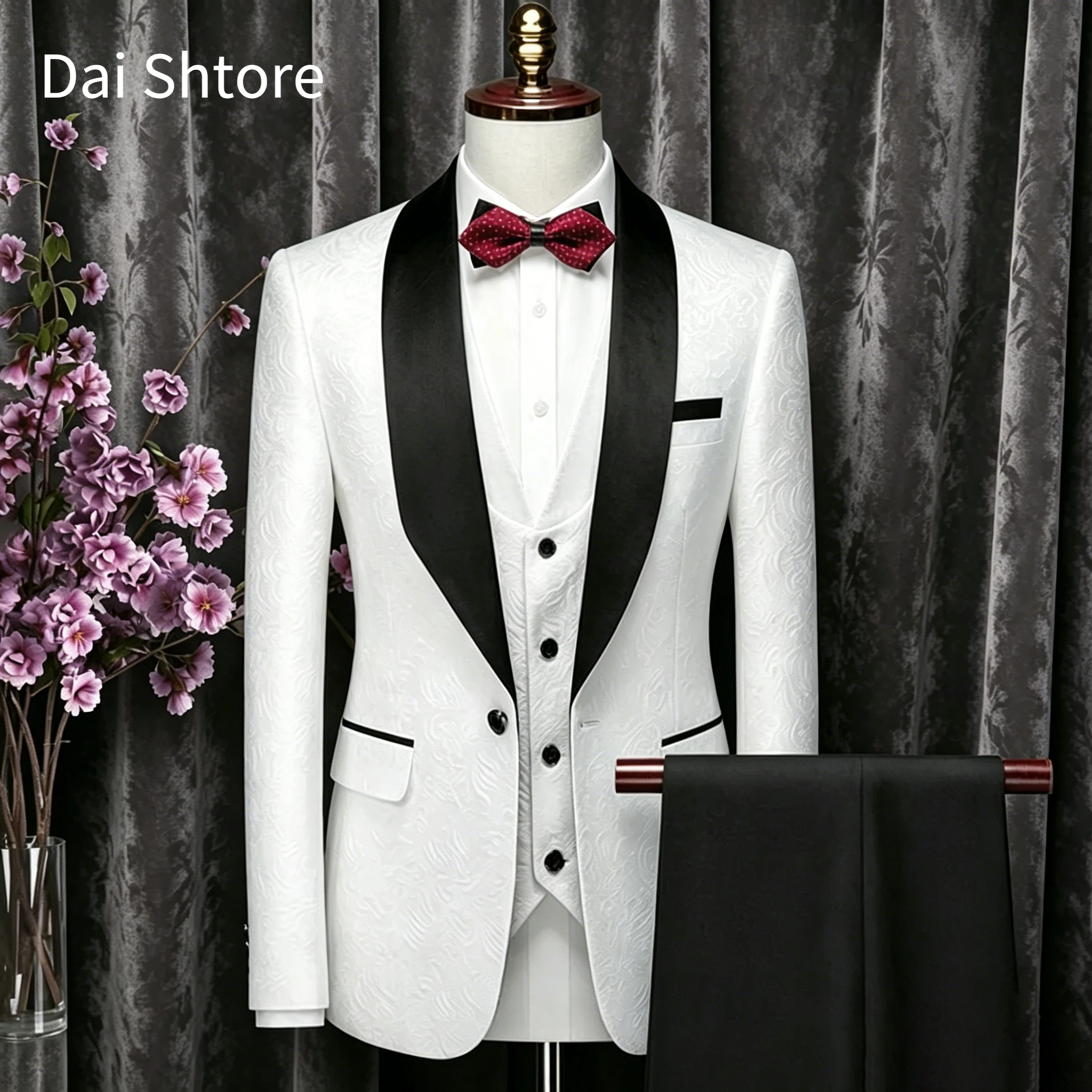 

Thorndike Mens Wedding Suits White Jacquard With Black Satin Collar Tuxedo3 Pcs Groom Terno Suits For Men（Jacket+Vest+Pants）