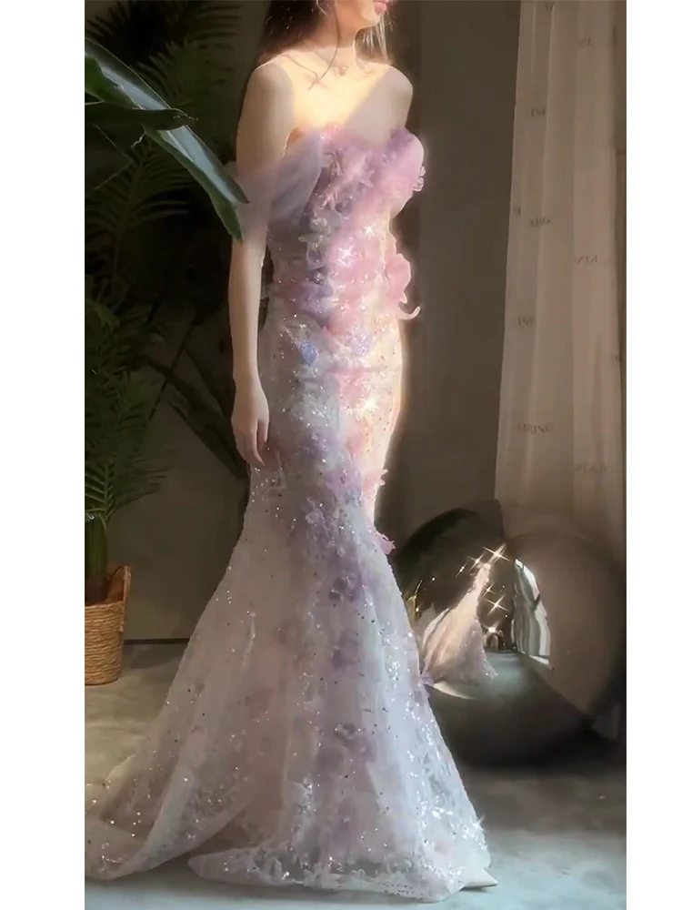 Customized Romantic Pink Purple Mermaid Evening Dress Luxury Sequins Beading Flower Mermaid Formal Gowns for Women Vestidos