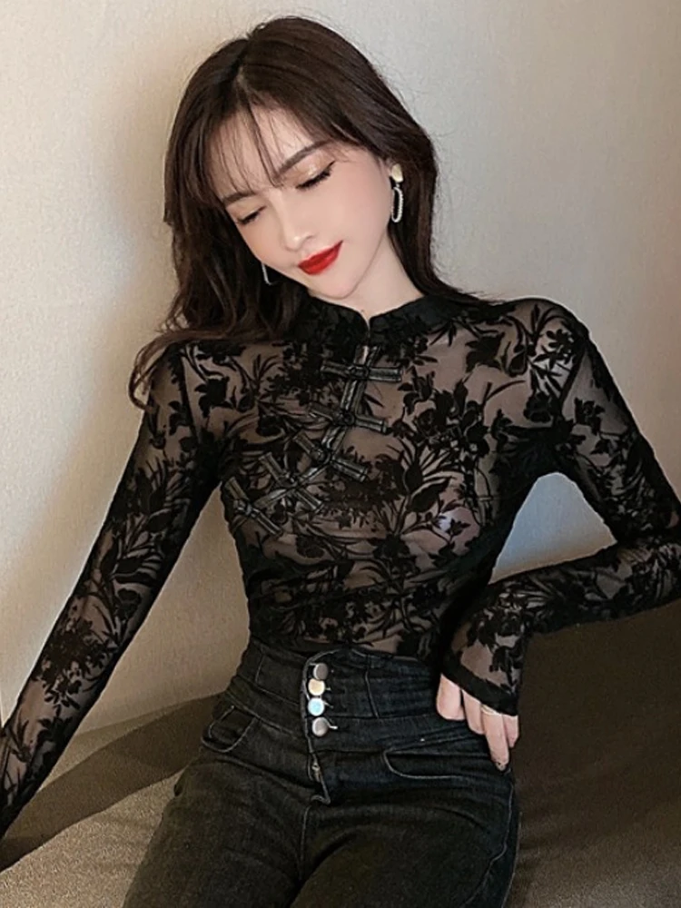 Fashion Sexy Mesh See Through Lace Tops Women Clothes Casual Ladies Beautiful Clothing Female Woman Nice Ins Cheongsam T-shirt