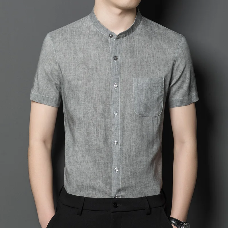 

Men's Linen Blended Short Sleeved Shirt Summer Ultra Thin Breathable Stand Collar Business Casual Shirts Fashion Black Gray