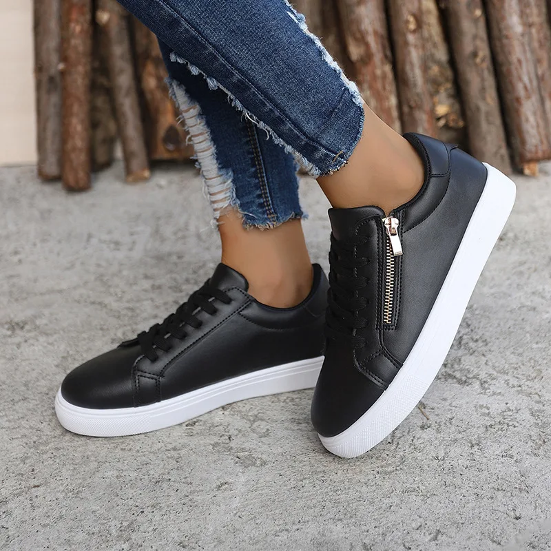 New fashionable and versatile large-sized flat sports shoes, fashionable and versatile leather side zipper casual sports shoes