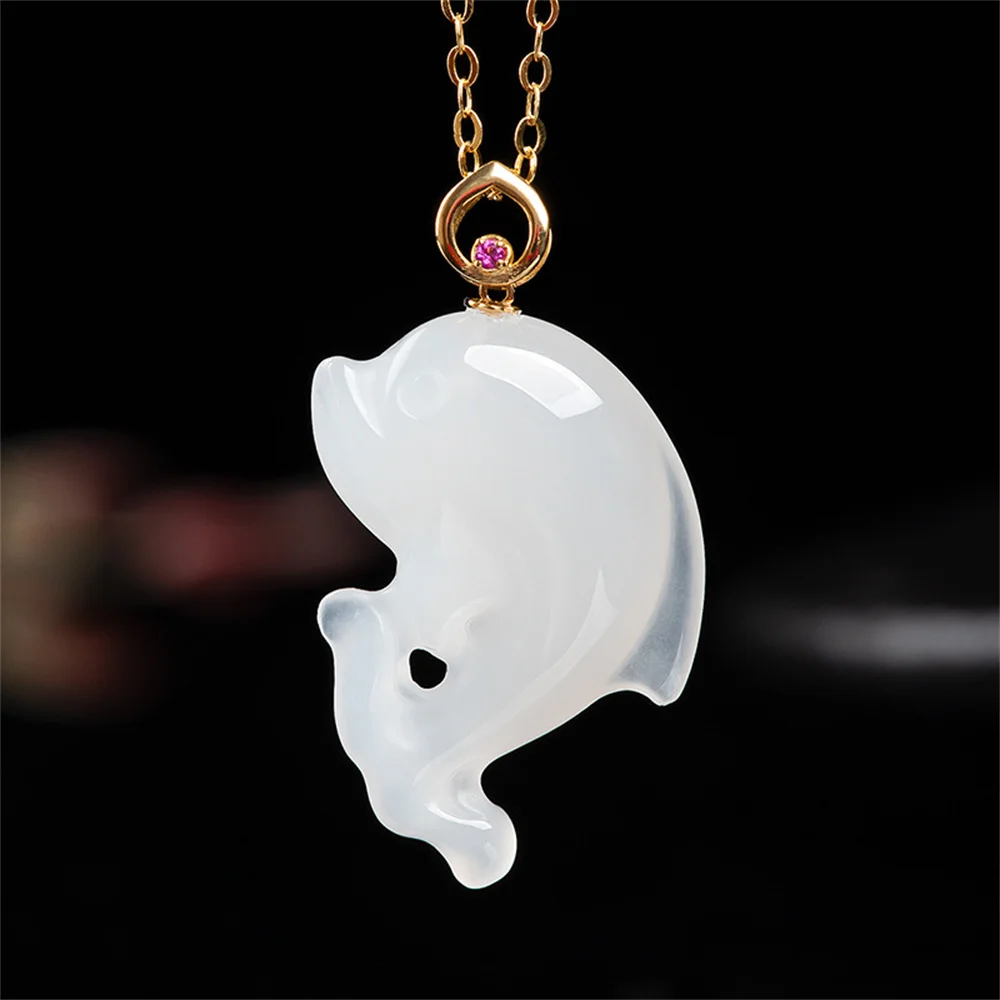 

18K Gold Natural White HeTian Jade Carved Dolphin Lucky Pendant Amulet Chain Necklace Certificate Party Luxury Jade Jewelry