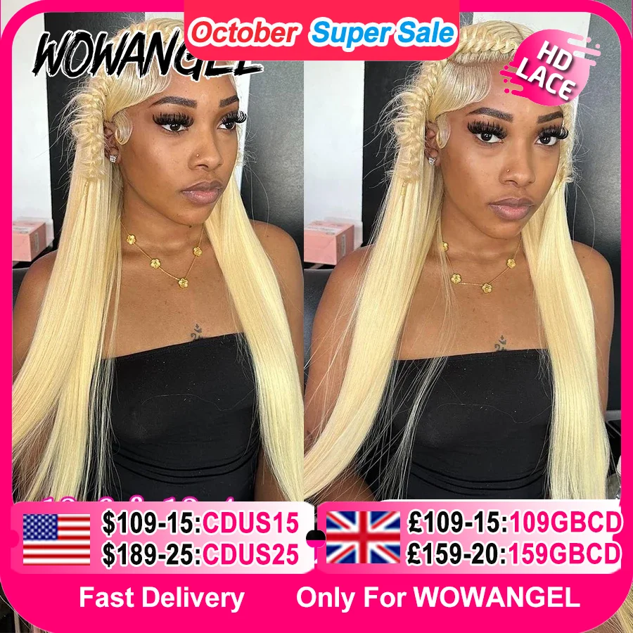 Wow Angel 613 Блондинка 13X6 HD Кружевные Полные Фронтальные Парики Прямые Парики Человеческих Волос Предварительно Сорванные Глубокий Пробор Бразильские Волосы Для Женщин