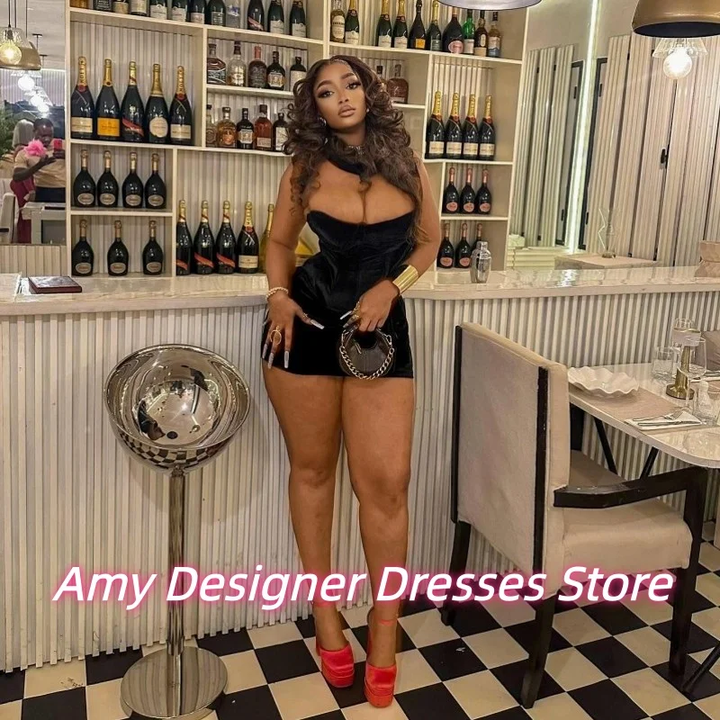 

Luxury Black Velvet Mini Birthday Dress African Nigerian High Quality Short Party Dresses For Females Prom Gowns 2025 Customized