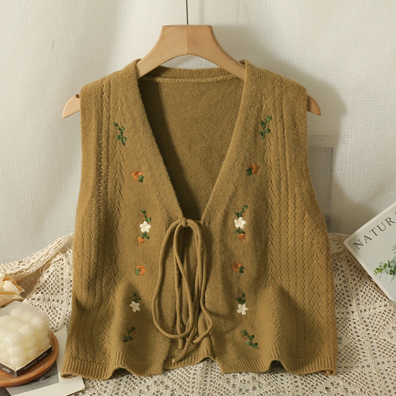 Knitted Vests Women Soft Embroidery Tender Vintage Bandage Casual Autumn Sleeveless Temper Harajuku Fashion Cozy Mujer Classic