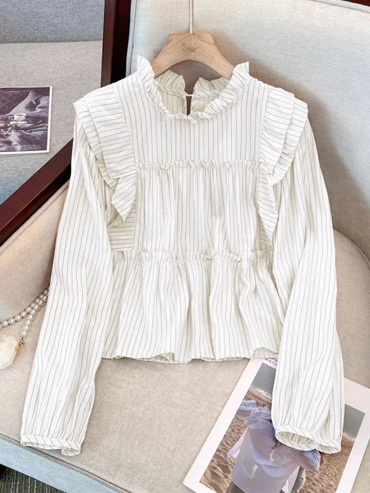 

French Vintage Vertical Striped Loose Women Blouse Sweet Ladies Elegant Blouse Female Pink White Chicly Ruffles Collar New Top