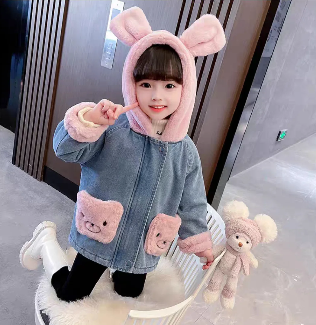 

Winter Denim Jacket Coats Girl Hooded Velvet Thick Toddler Girl Baby Outerwear Jeans Jacket Kids Girls Parka Children Jackets